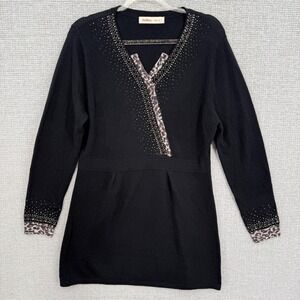 ElsMorr Women Top Sz L Black‎ Beaded Leopard Trim V Neck Long Sleeve Tunic Glam
